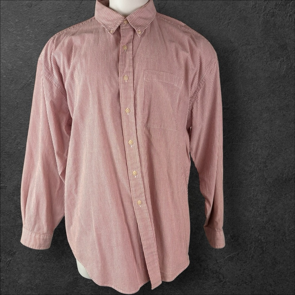 L.L. Bean Men's Pin Stripe Cotton Button Down Shirt Light Red Large Casual (644)